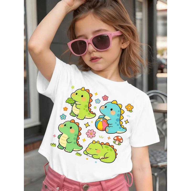 Girls' Short-Sleeve Casual T-Shirt with Cute Cartoon Dinosaur Print for Spring, Summer, and Fall