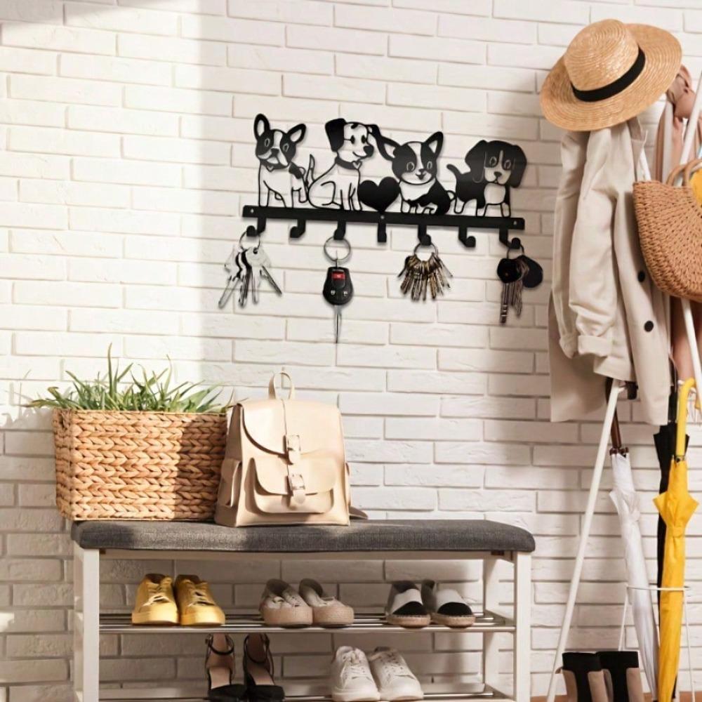 Metal Wall Art Key Hook with 4 Cartoon Dogs Modern Home Decor for Bedroom Living Room Bathroom Rustproof Gift