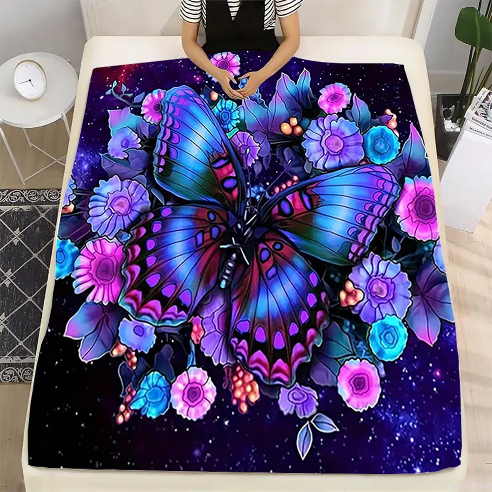 Flannel Butterfly Blanket Purple Floral Digital Printing,Fleece Throw Blanket for Sofa Bed Travel Camping,Office Couch Chair Bed