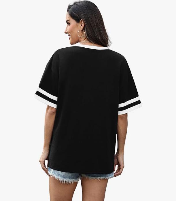 2026 Women's V-Neck Striped Color Block Loose Casual Sports Top