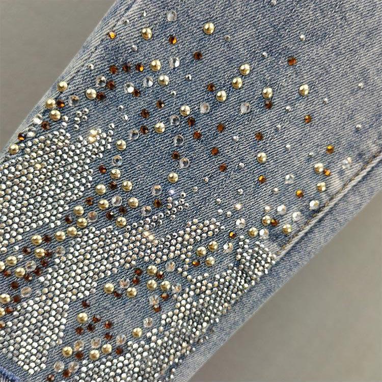 Women Stretch Skinny Denim Jeans Solid Color Rhinestone Studded Pencil Pants