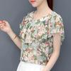 Office Lady Floral Printed Blouse Summer Straight Elegant V-Neck Women's Fashion Ruffles Spliced Short Sleeve Chiffon Shirt