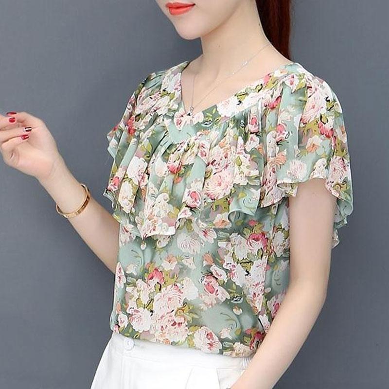 Office Lady Floral Printed Blouse Summer Straight Elegant V-Neck Women's Fashion Ruffles Spliced Short Sleeve Chiffon Shirt
