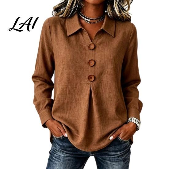 Comfortable Spring Autumn Blouses Women Button Down Shirt Blouse Long Sleeve V Neck Loose Flowy Wrinkle Resistant Moisture Wicking Shirts Breathable