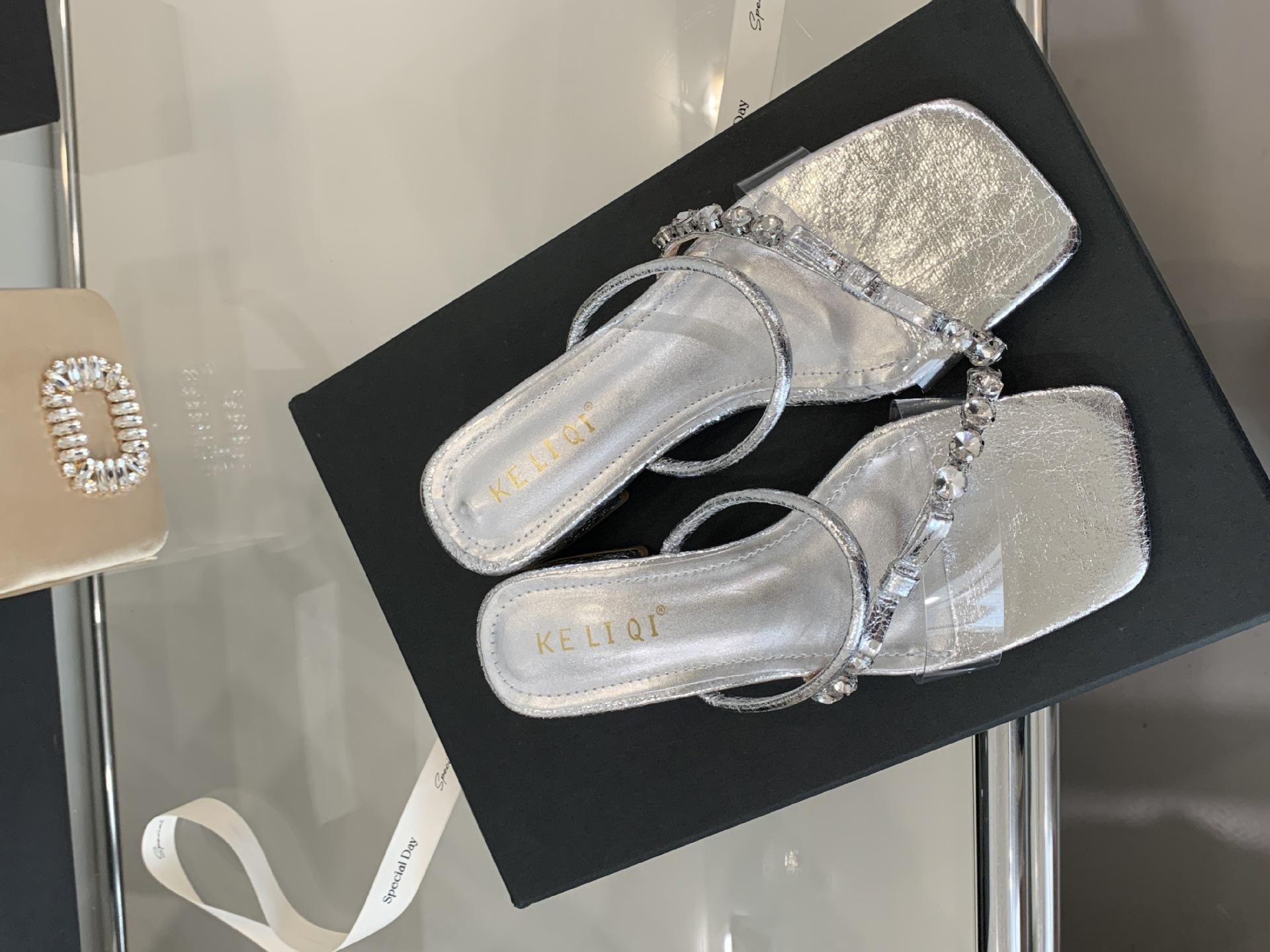 

French thick-heeled sandals, sandals women s shoes, wear 2025 summer, fairy, rhinestones, with slippers 39 серебряный