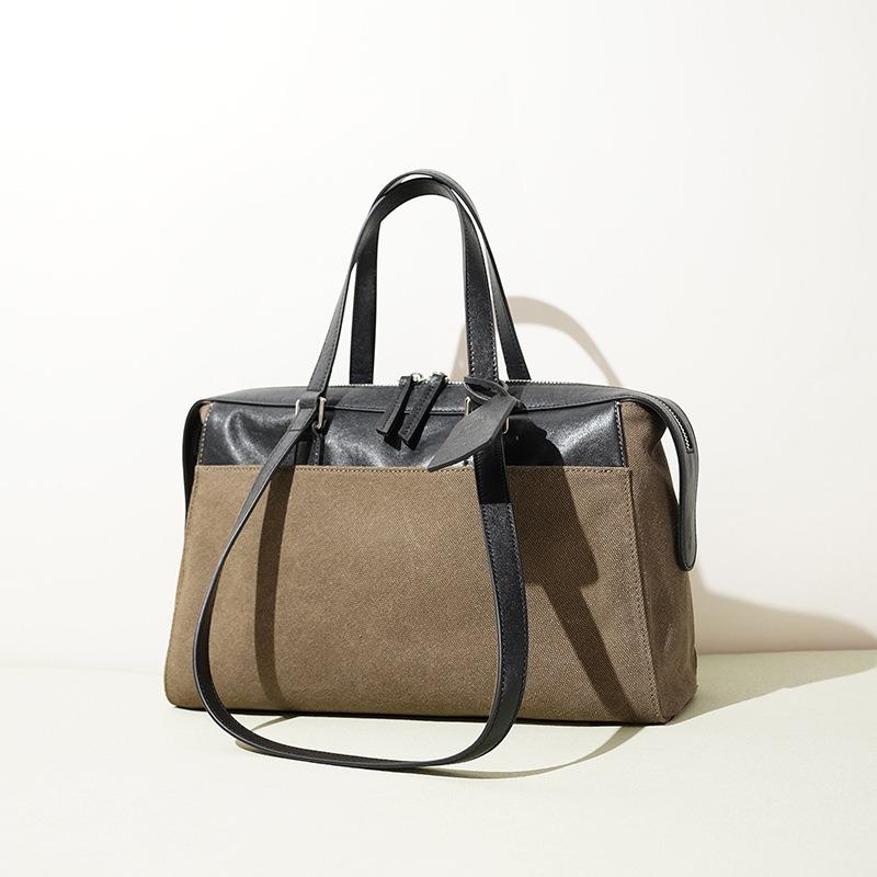 Large capacity oblique span women's bag new canvas and cowhide niche underarm shoulder bag fashionable versatile commuter handbag