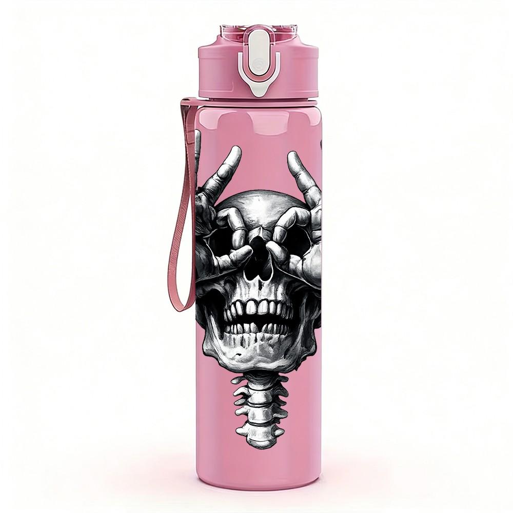 1PC Skeleton Skull Hand Gesture Print 750ml Color Plastic Sports Water Bottle Leakproof Flip Straw Lid Suitable for Sports Office Home Use