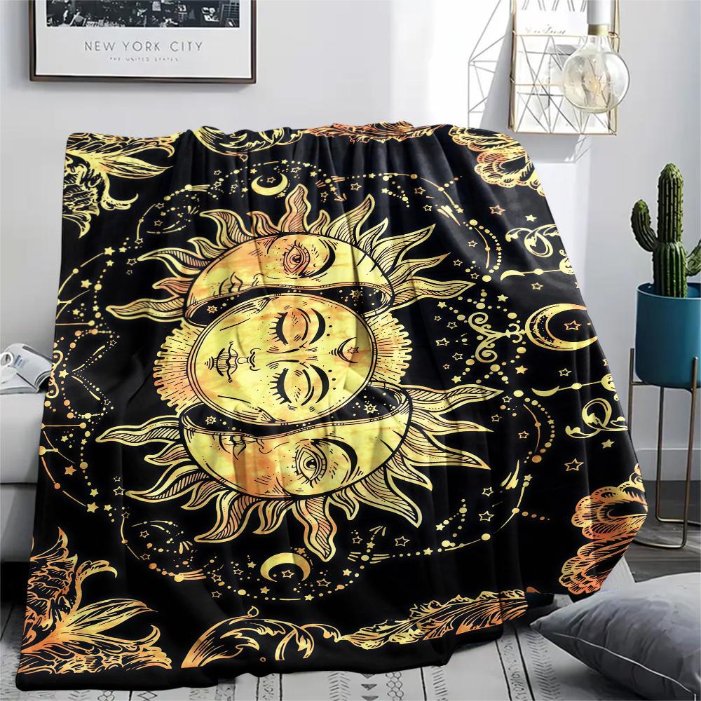 1PC Sun and Moon Print Flannel Blanket, High quality All Seasons, Home Decor, Warmth and Comfort, Perfect for Christmas Gifts
