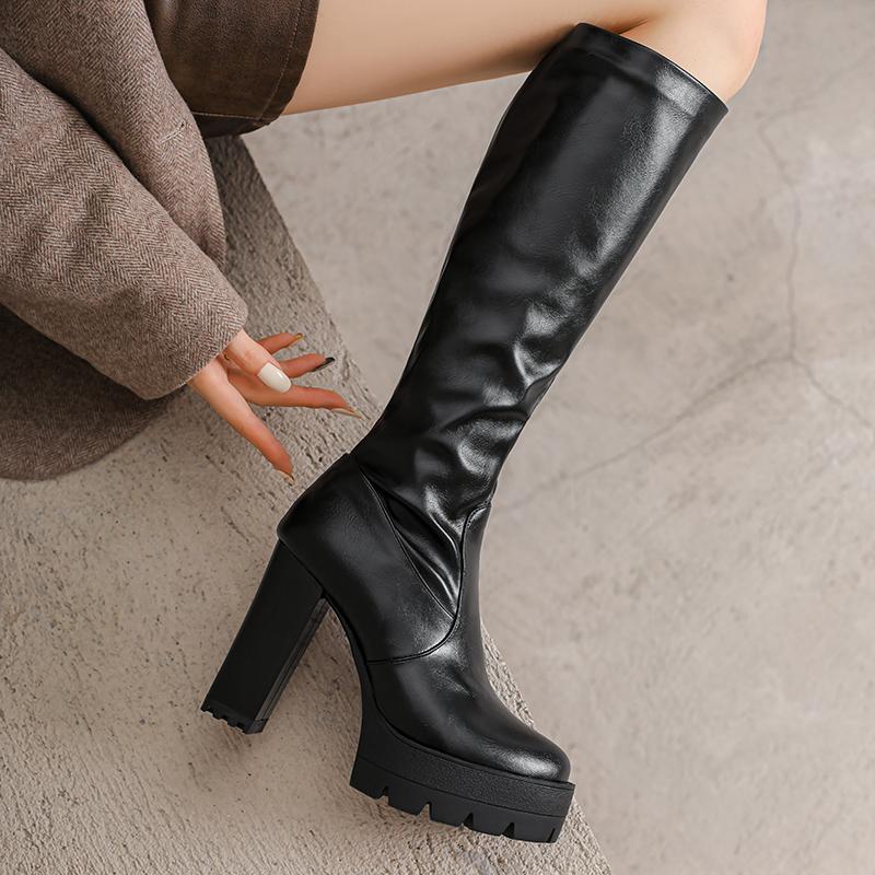 Women's high-heeled boots autumn and winter new waterproof table thick-heeled large-size solid-color medium boots