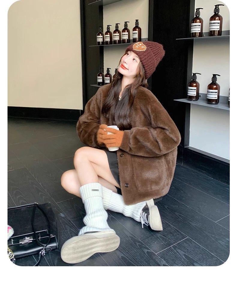 Korean Retro Mink Velvet Fur One-Piece Coat - Women's Winter Loose Slimming Thickened Style