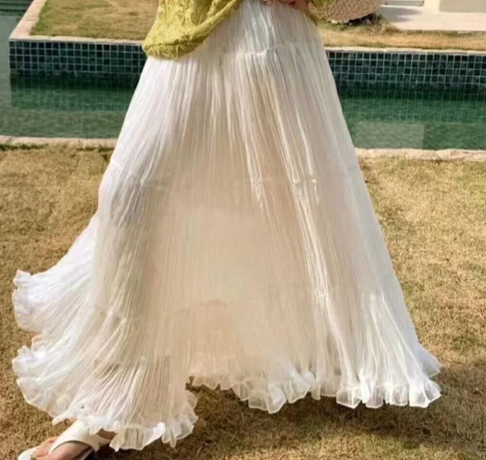 Spring 2026 Women's High-Waisted Ruffled Mesh A-Line Maxi Skirt - Gentle & Slimming