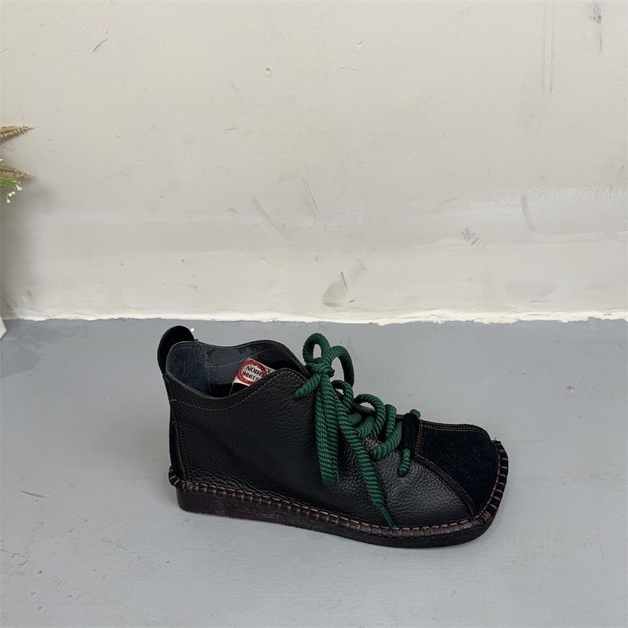 Johnature Genuine Leather Square Toe Retro Short Boots Lace Up Flat Bottom Women's Shoes