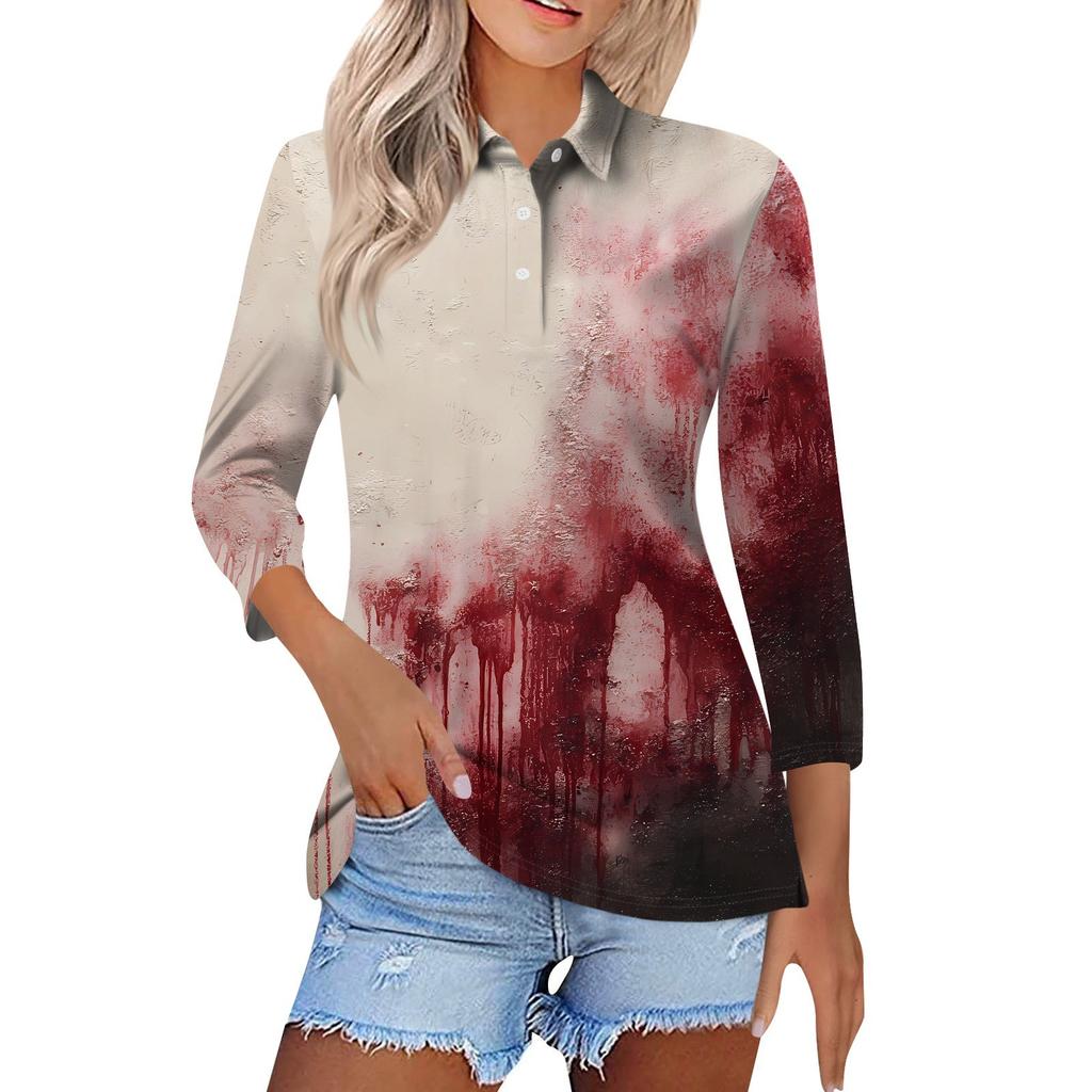 Women's Fashion Casual Lapel Short 3/4 Sleeve Halloween Print Shirt Women's Button Up Tops