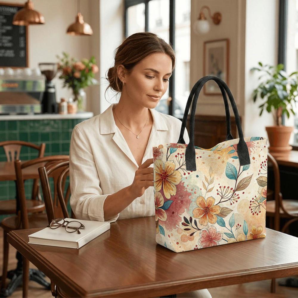 Boho Watercolor Floral Tote Bag Large Capacity Canvas Shoulder Bag for Women Casual Daily Use Shopping Travel Handbag
