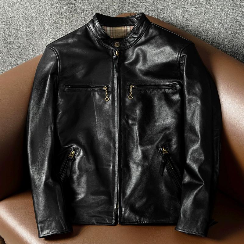 Mens Genuine Leather Jacket Slim Fit Stand Collar Biker Stylish Outerwear Coat