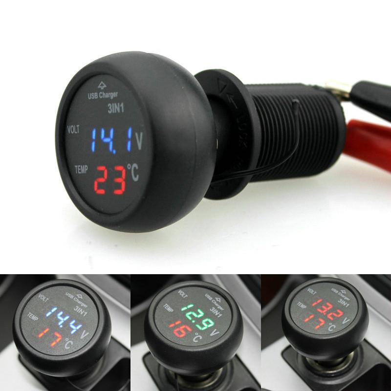 12V 24V LED 3 in 1 Car Volt Meter Car Cigarette Ligter Digital Voltmeter Gauge Thermometer USB Charger Voltage Meter Universal