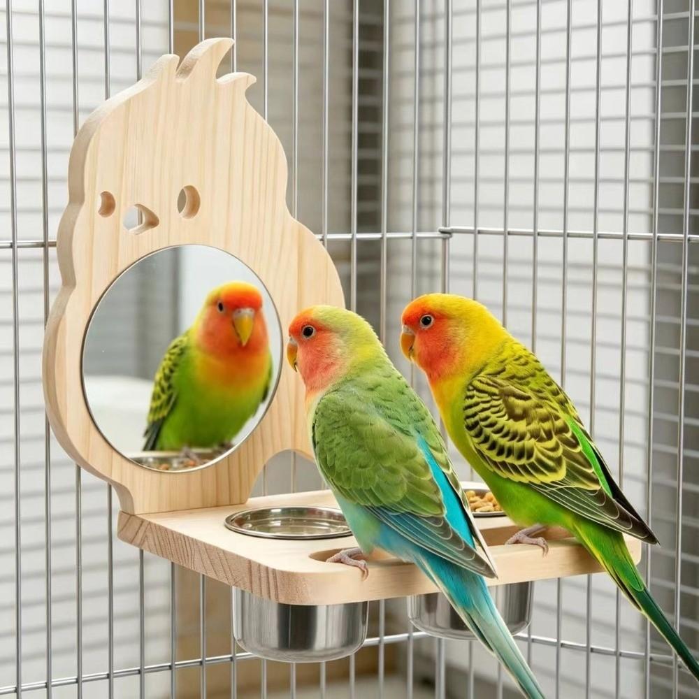 Wooden Platform Bird Mirror Feeder Removable Stainless Steel Dish Hanging Feeding Cup Double Cup with Mirror Parrot Feeder Bowl
