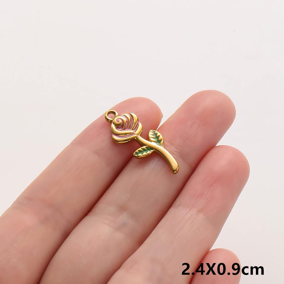3pc Girl Pendant Hot Pink Oil Dripping Stainless Steel Plant Tree Flower Charm Pendants For Jewelry Making Supplies DIY Keychain