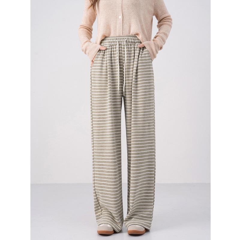 New Lazy Striped Wide Leg Pants Women's Autumn Lace-Up Elastic Waist Loose and Skinny Casual Straight Floor Mopping Pants