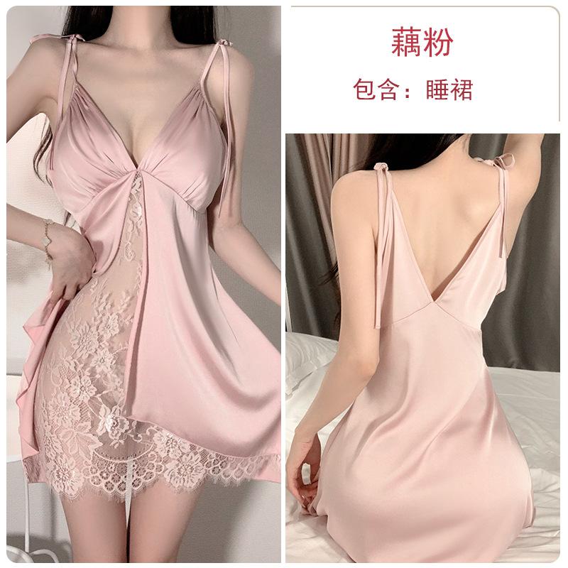 

Satin silky sexy low-cut gathering plus chest pad backless pure desire suspender nightdress women s loungewear set XL