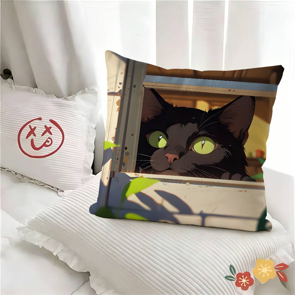 Pc Art Green Bedroom And Cat Pillow Case Fashion Square Pillowcase Bedroom Sofa Room Ins Decoration Leisure