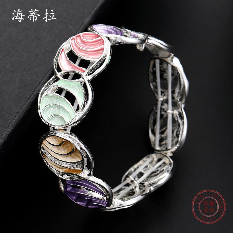 Color painting oil round striped hollow bracelet, fashionable and versatile women's high-end elastic bracelet