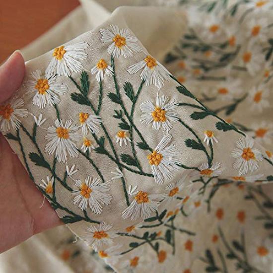 IRIZ Premium Daisy Embroidered Cotton-Linen Fabric 140 cm Width × 95 cm Pre-Cut (Floral / Embroidered)