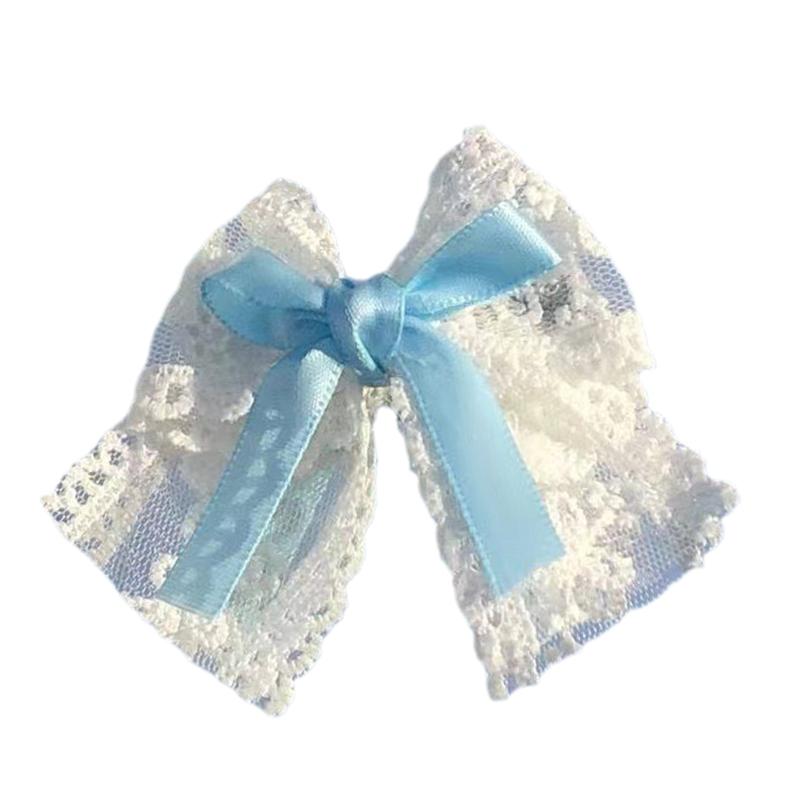 

Girls Ruffles Lace Necklace with Pearl Chain Pendant Ribbon Bows Earrings Hair Clips Handmade Lolita Hair Ornaments Size fits all