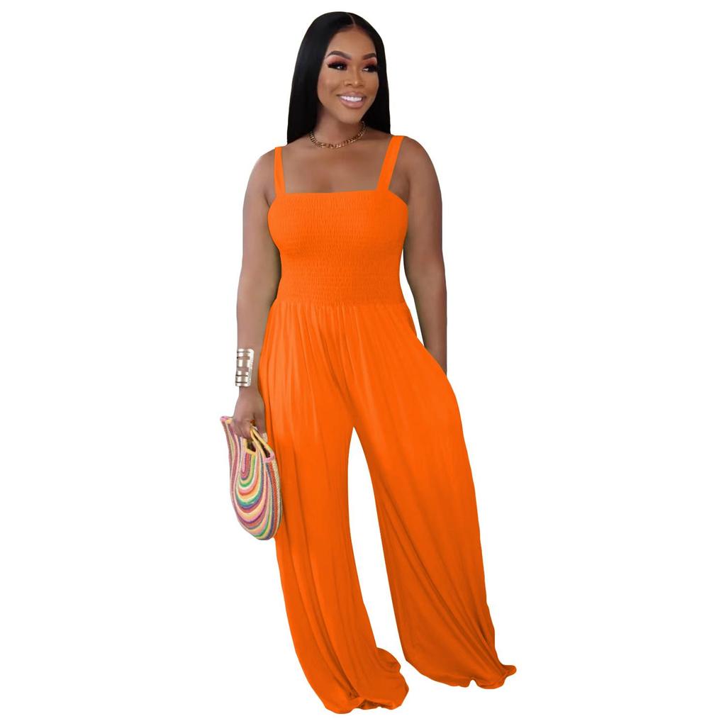 European & American Women's Solid Color Wide-Leg Suspender Jumpsuit