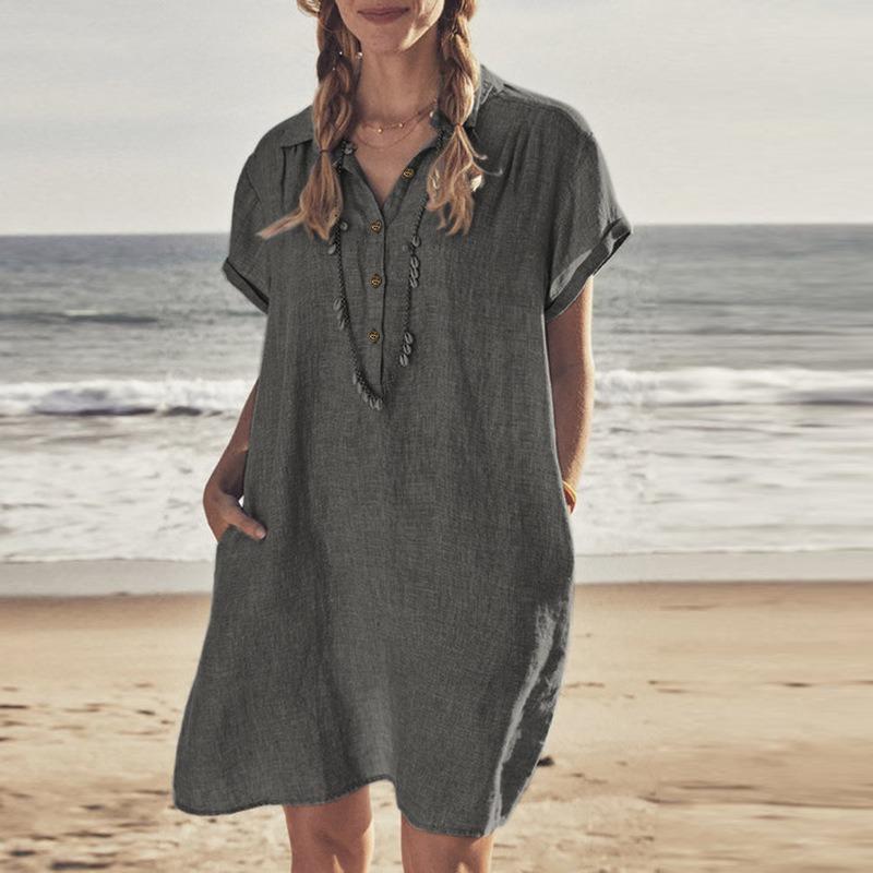 BITCED Fashion Summer Spring POLO Neck Short Sleeve Solid Color Print Casual Dresses S
