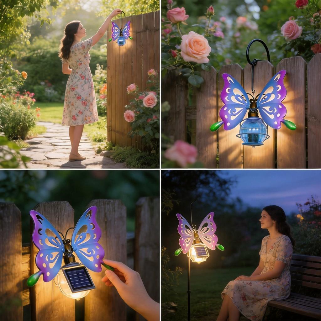 Garden Solar Lantern With Iron Bee And Butterfly Decor For Outdoor Yard Lighting