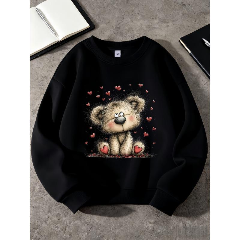 Valentine's Day Heart Bear Cute Print Theme, the Perfect Gift for Kids, Unisex Round Neck Long Sleeve Sweatshirt, Autumn/Winter Daily