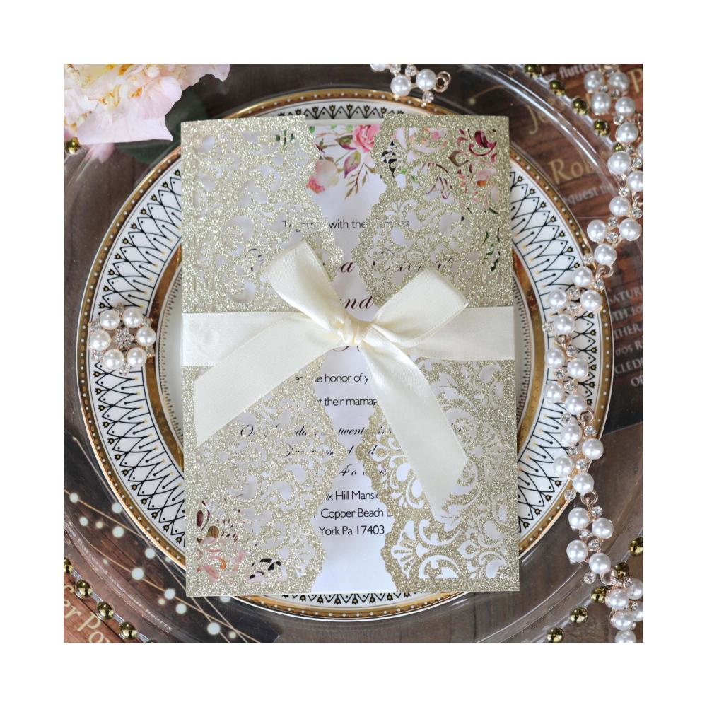 10 Stück Glitzer Einladungskarte mit Band Grußkarten Hochzeit Mariage Einladung Party Taufe Bar Mitzwa Party Dekoration