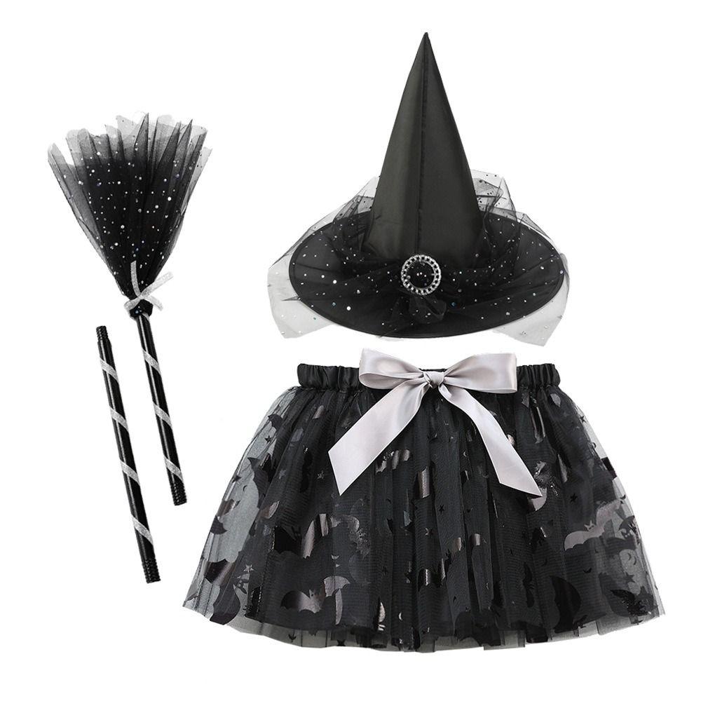 3Pcs/set Pointy Hat Kids Witch Dress Set Wizard Halloween Cosplay Costumes  Girls