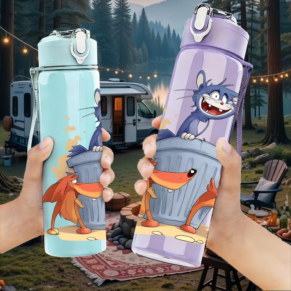 1PC Bucket Cat Cartoon 750ml Color Plastic Sports Water Bottle Leakproof Flip Straw Lid Suitable for Sports Office Home Use