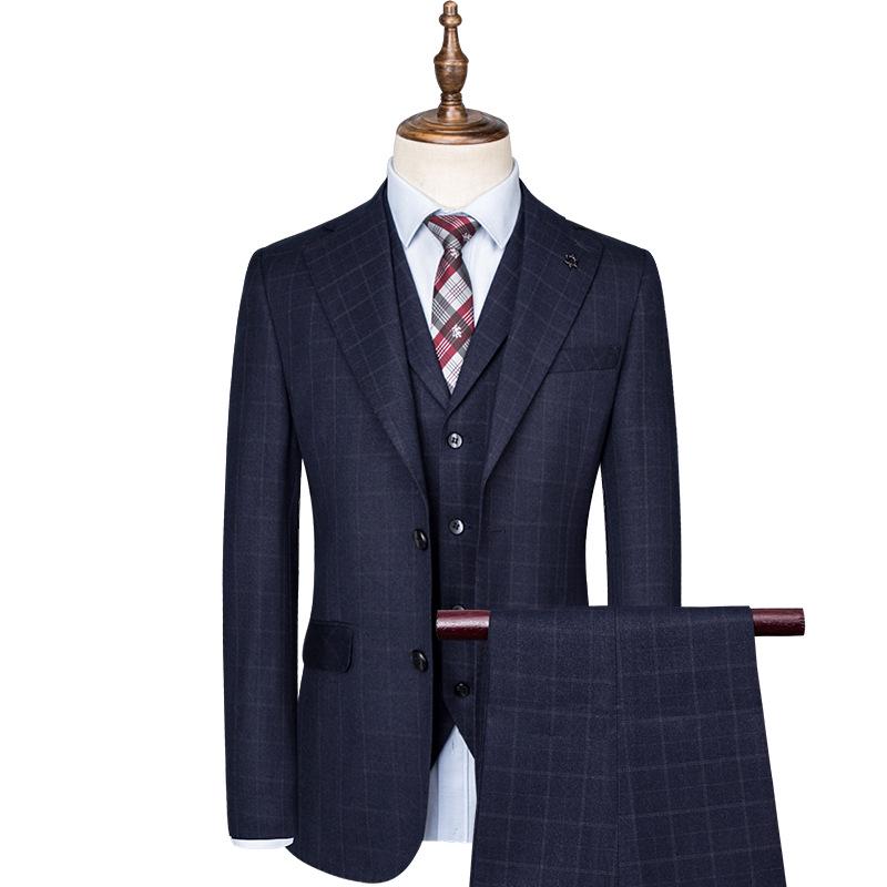 Men's Plaid Slim Fit Korean Style Tuxedo Three-Piece Suit for Weddings & Photography