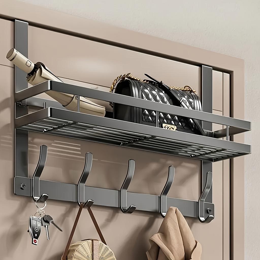 [Door Organizer Rack] Heavy-Duty Metal Over-the-Door Organizer Rack - Space-Saving Door Storage Shelf, Easy Installation, Hooks for Hanging Bags, Hats