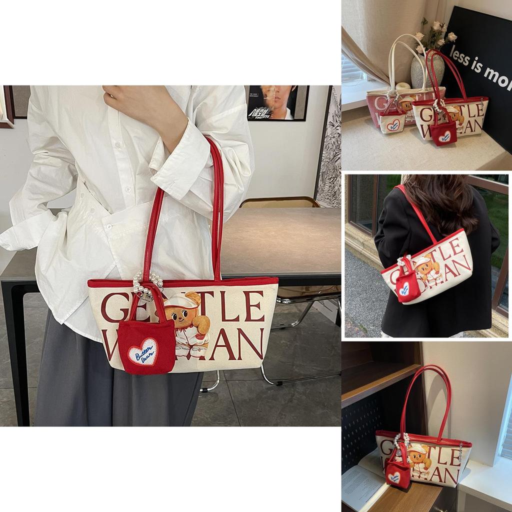 Small Bear Letter Bag Women Large Canvas Casual Commuting Bag For School And Work