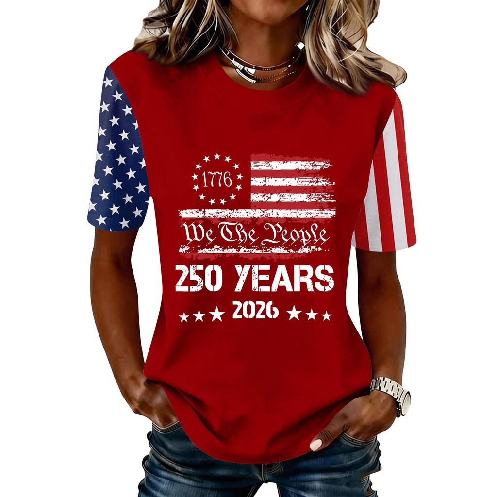 Blusa Feminina da Moda Casual de Manga Curta com Estampa e Gola Redonda