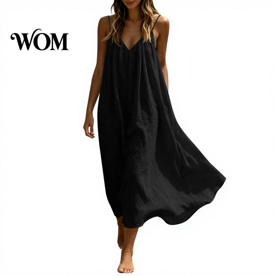 Sleeveless V-neck Dress Women's Spaghetti Strap Beach Sundress, Summer V Loose Fit Neck Cami Dress, Flowy Vacation Long Women