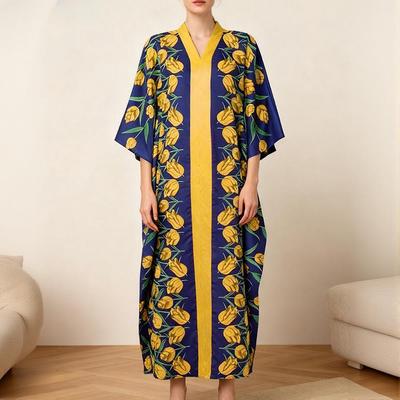 Plus Size Ethnic Women Long Sleeve Floral Print Patchwork Casual Loose Maxi Kaftan Dress