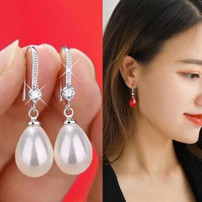 Temu Oval Pearl & Diamond Teardrop Stud Earrings - Korean Fashion Dangle Jewelry for Women