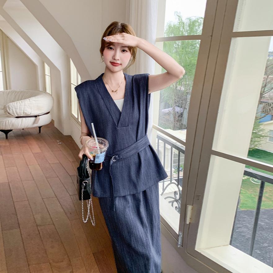 Blue old money wind loose design vest suit skirt women's summer new temperament skirt two-piece set