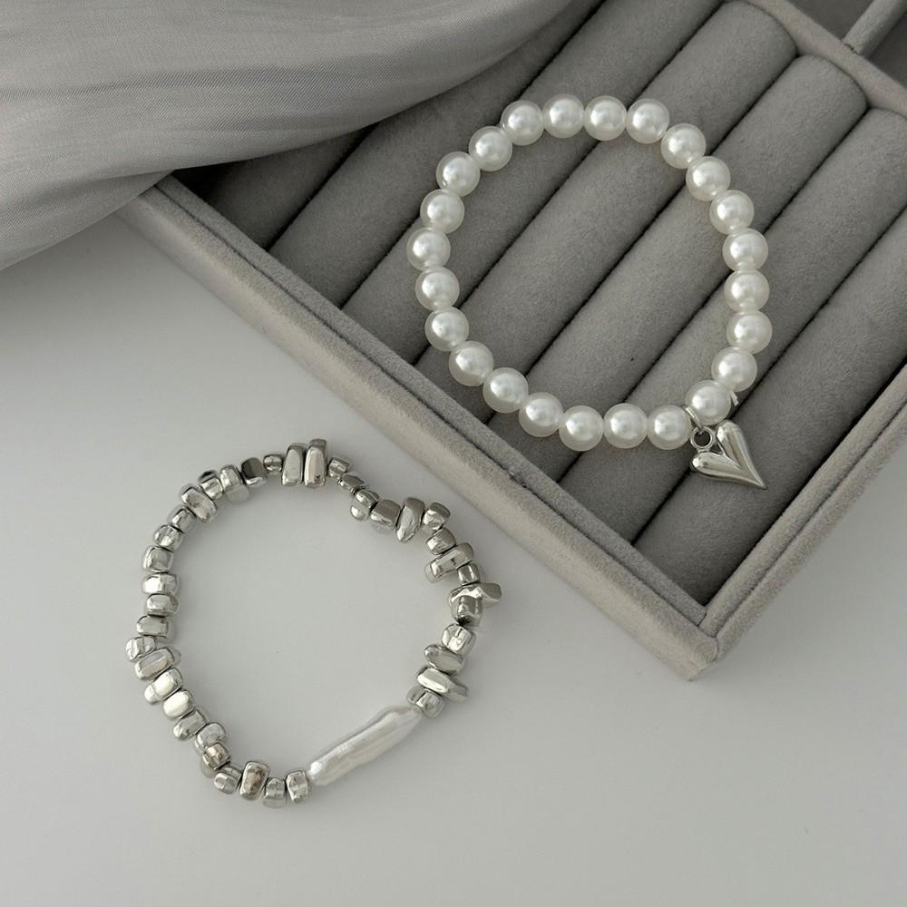 Beaded Heart Pendant Bracelets Stackable Metal Hand Chain Vintage Imitation Pearl Bracelets  Party