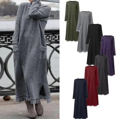 2024 Autumn Plus Size Knit Lace Long Dress - Loose Fleece Sweatshirt Style