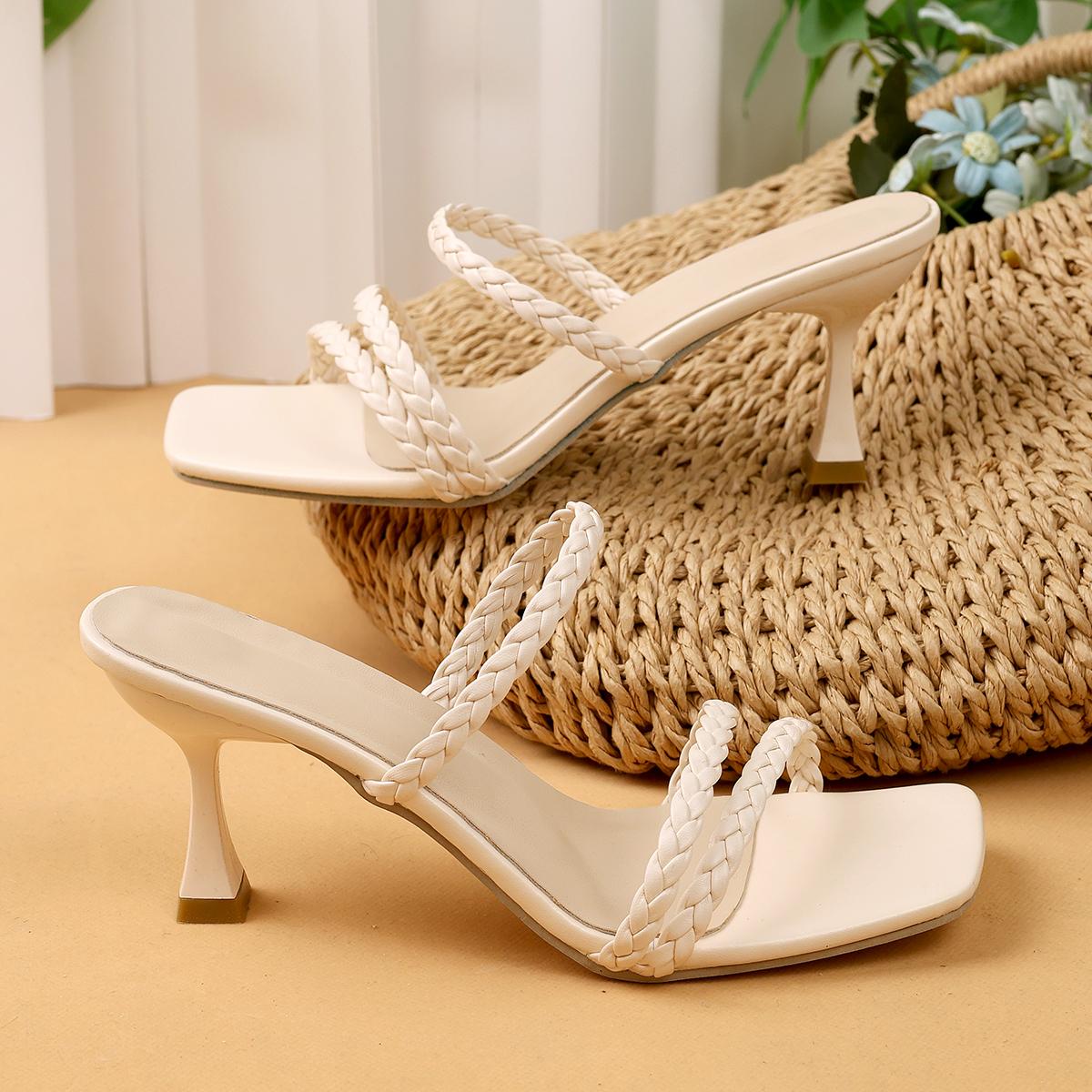 

Женские повседневные босоножки на высоком каблуке с плетеным дизайном, популярные бежевые цвета, удобная обувь для повседневной носки 36
