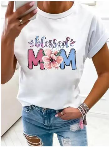 Large Size Women's Flower Mom Vintage Trend Clothing Printed T-Shirt Clothing Summer Basic Top Short Sleeves