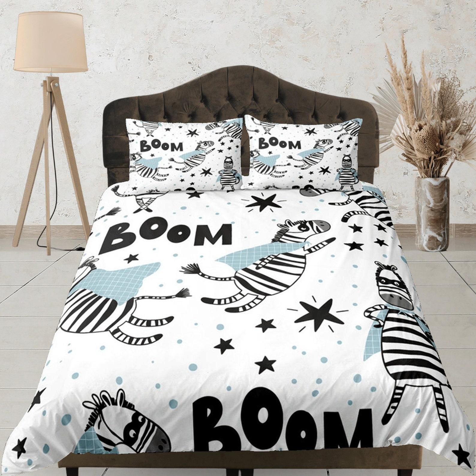 MInimalist Zebra Print Duvet Cover Set, Black and White Bedroom Set, Boys Dorm Bedding, Cute Animal Print Bedspread, Superhero Animals Decor 135x200cm