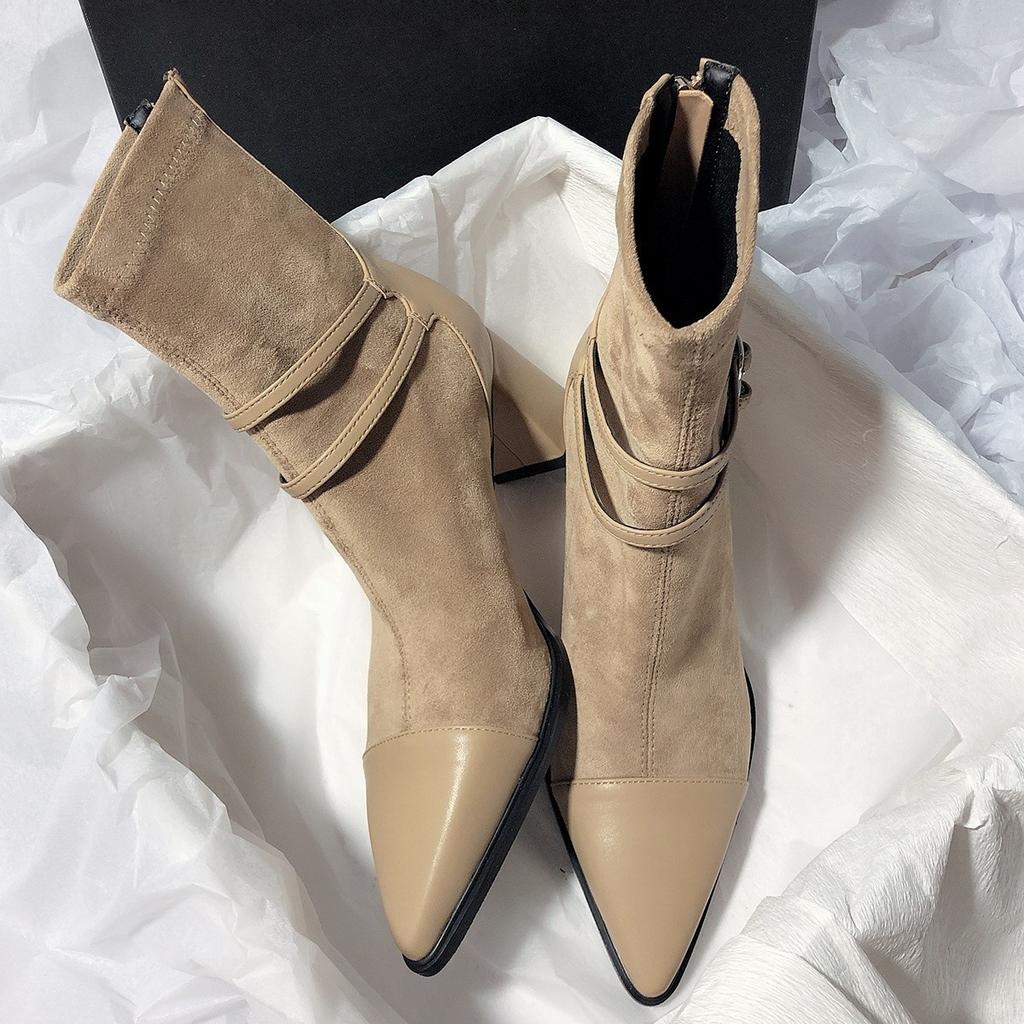 Delicate extravagant thick heel pointed splicing elastic thin boots large size short middle heel boots