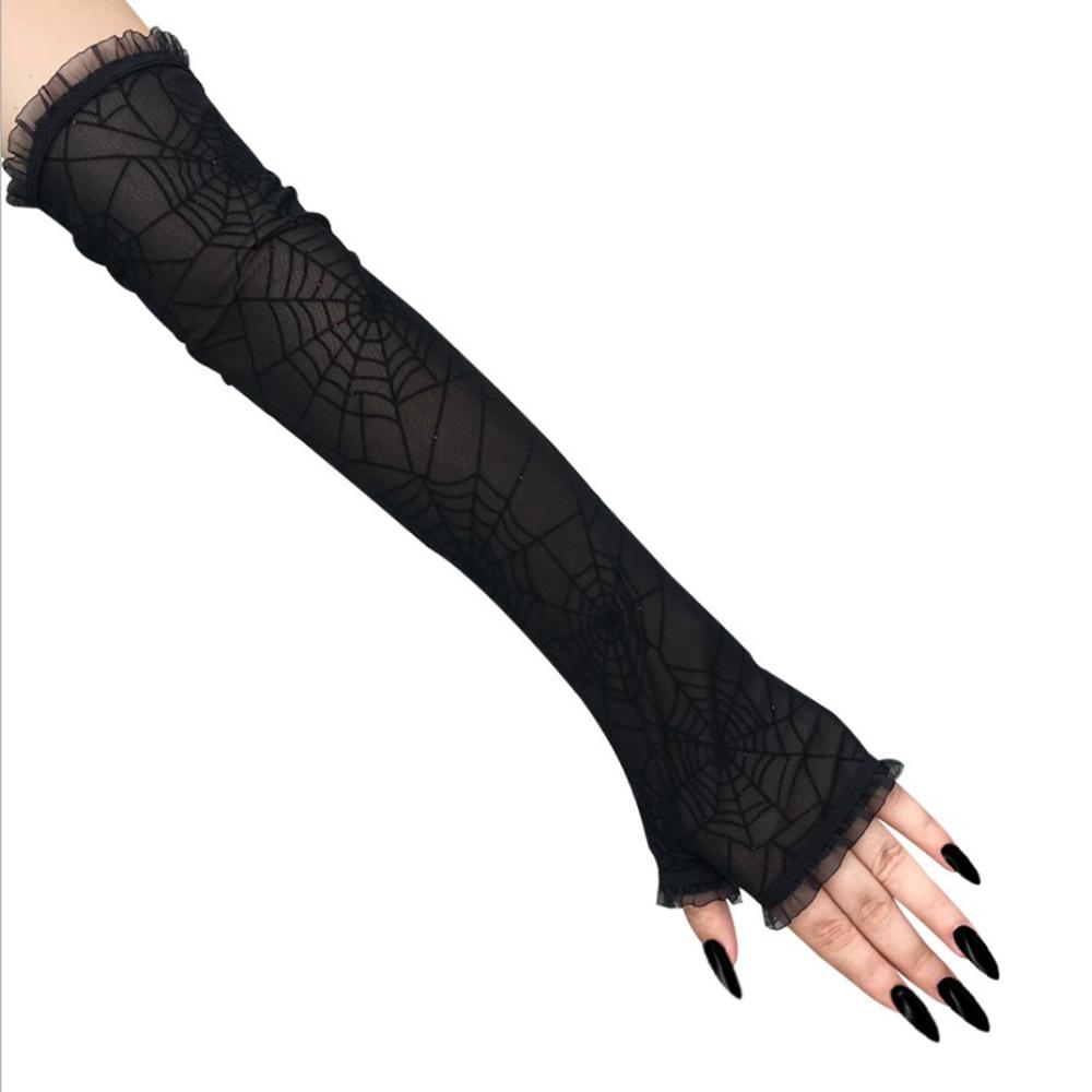 Fancy Dress Up Half Finger Spider Web Gothic Mittens Halloween Gloves Arm Sleeves Women Long Gloves